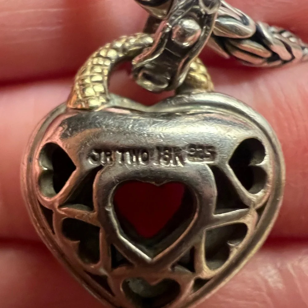 Judith Ripka Silver and Gold Heart Necklace with Pink Stone - Picture 3 of 4